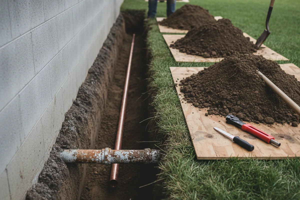 Excavated water line trench during Water Softener Installation in Munger
